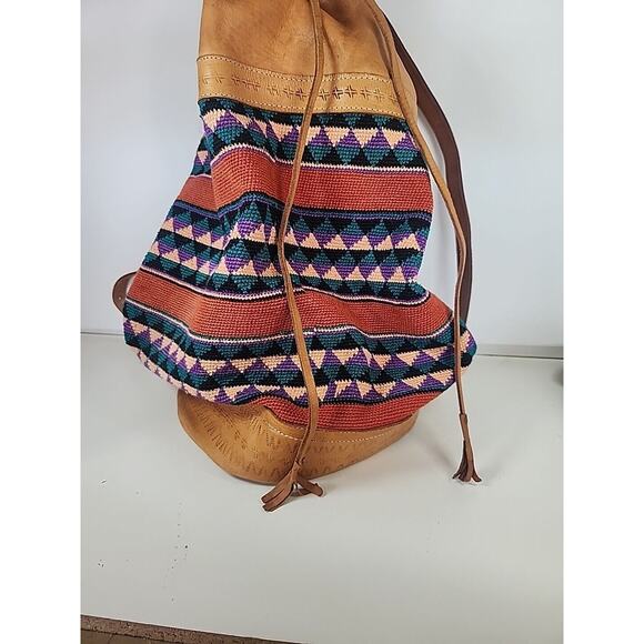 LARGE BACKPACK HAND WOVEN WOOL KILIM TOOLED LEATHER VTG SLING PURSE TOTE BAG